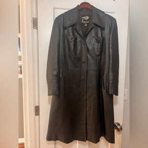 Vtg 70s Dagger Collar LEATHER Trench Coat Shlilel Snia Ltd Israel L/XL 14 16 18